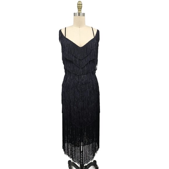 Vtg Deadstock Dovizia by Jane McCartney Flapper Fringe Dress Womens 10 Black - Picture 1 of 8